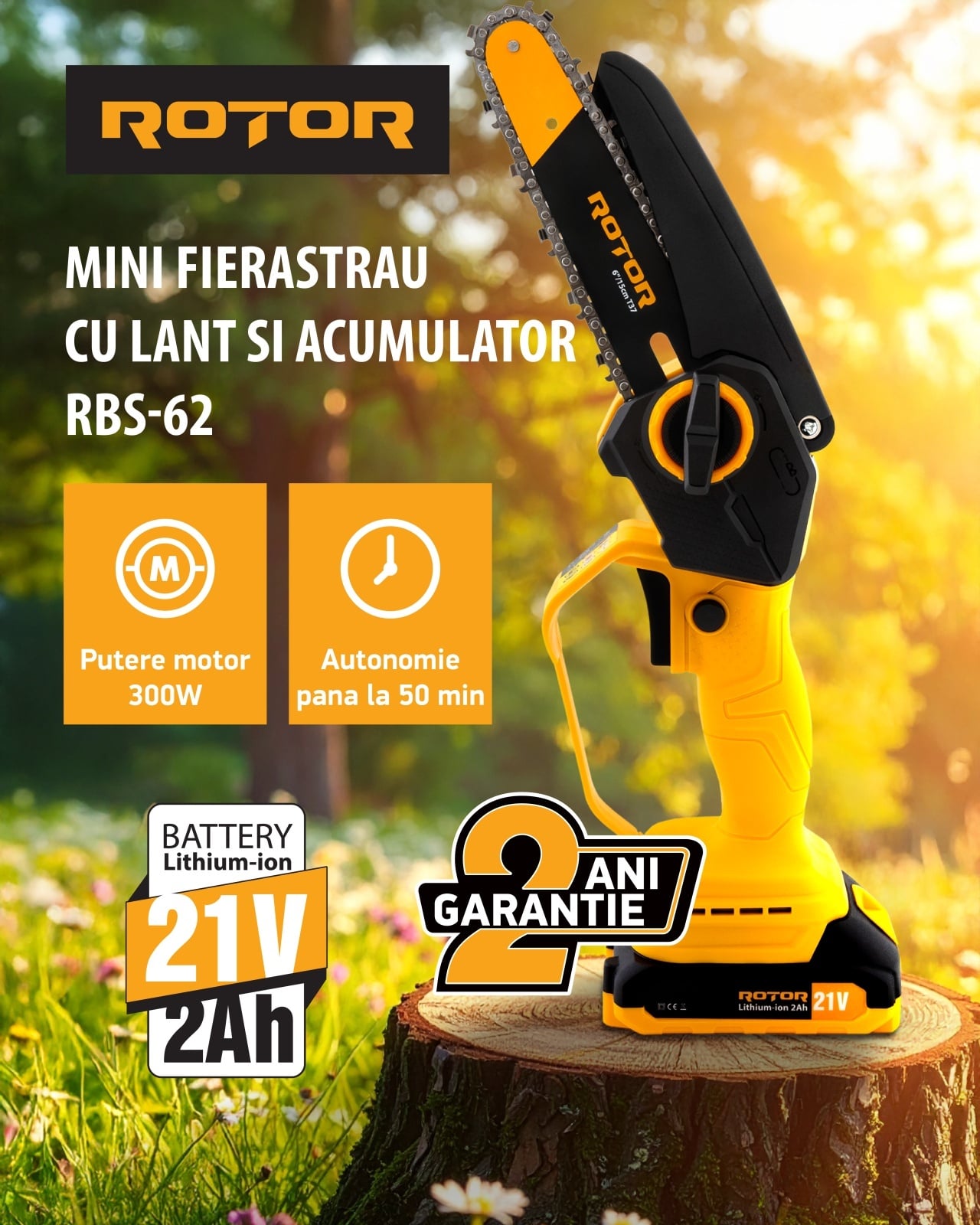 Mini-drujbă ROTOR RBS-62, 15 cm, 21 V, acumulator 2 Ah