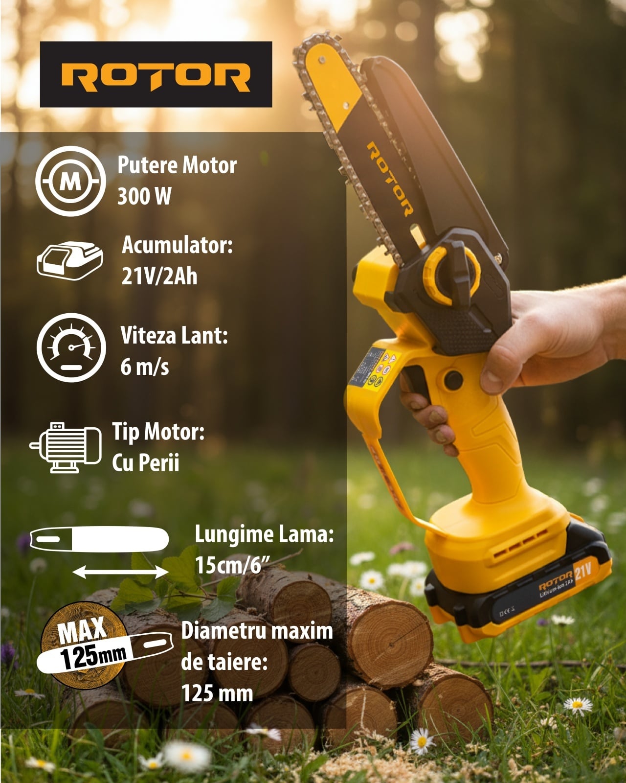 Mini-drujbă ROTOR RBS-62, 15 cm, 21 V, acumulator 2 Ah
