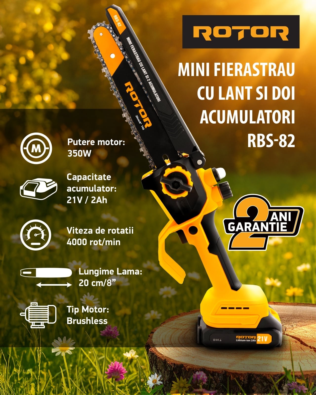 Mini-drujbă ROTOR RBS-82, 20 cm, 21 V, doi acumulatori 2 Ah