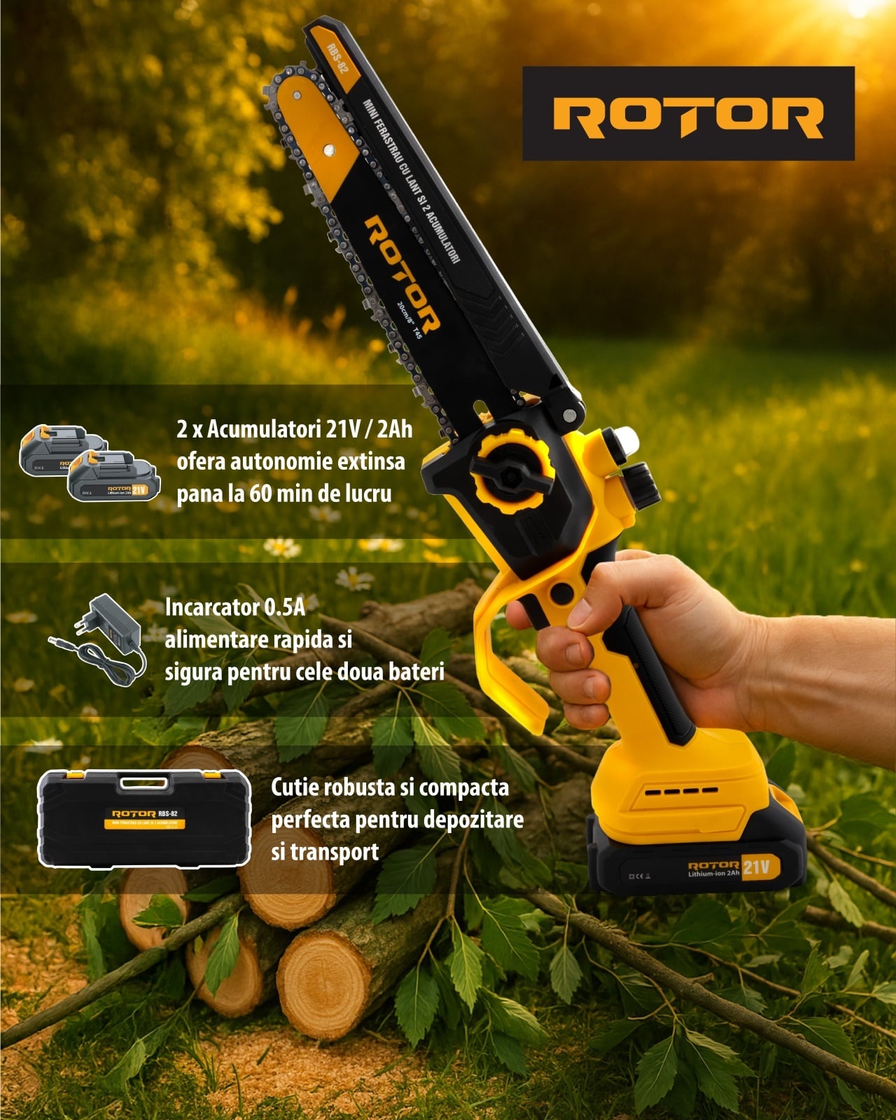 Mini-drujbă ROTOR RBS-82, 20 cm, 21 V, doi acumulatori 2 Ah