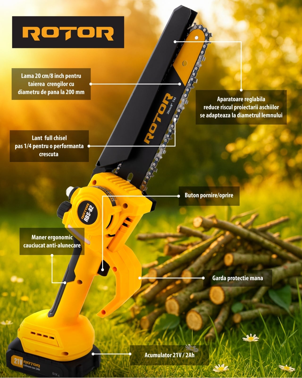 Mini-drujbă ROTOR RBS-82, 20 cm, 21 V, doi acumulatori 2 Ah