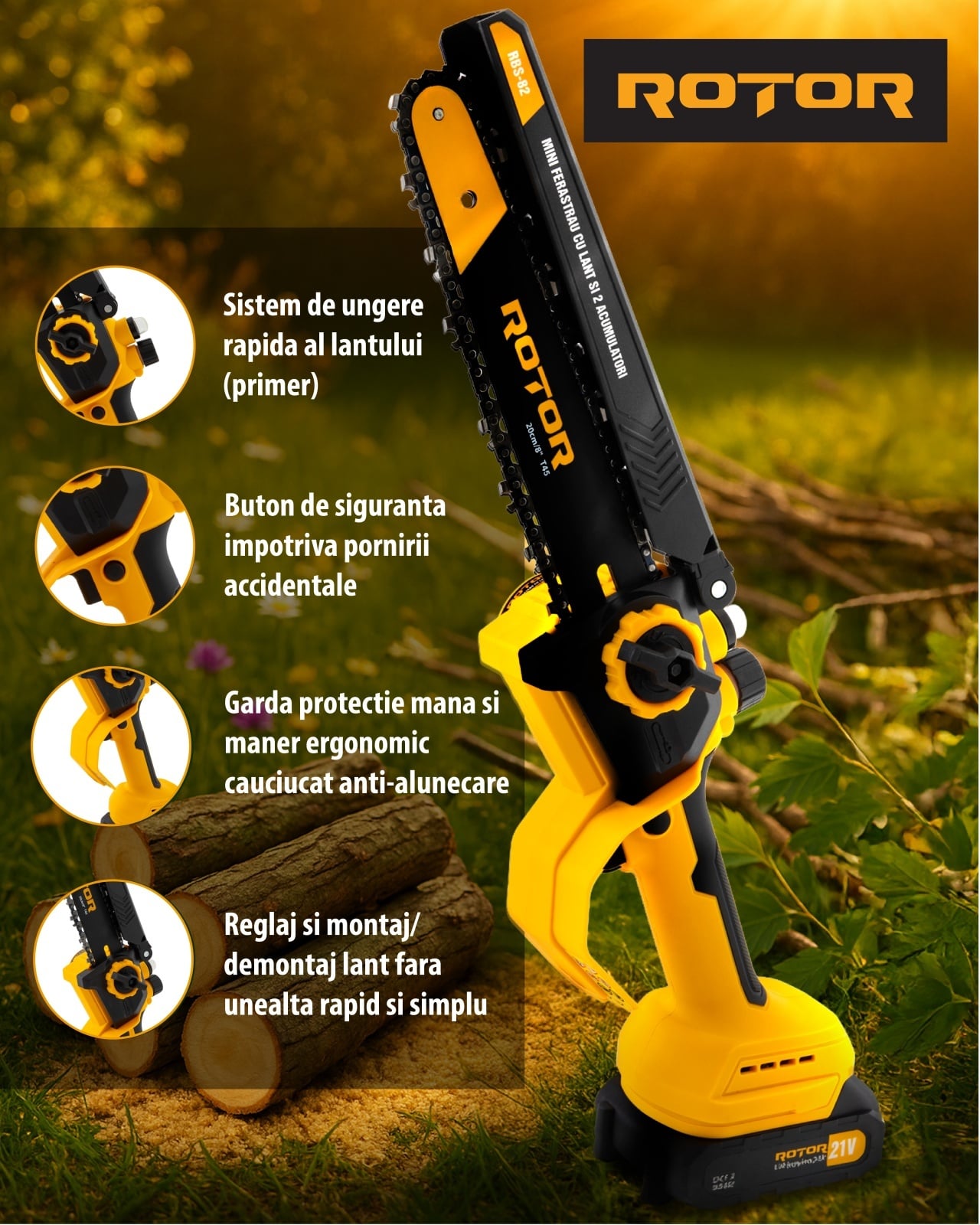 Mini-drujbă ROTOR RBS-82, 20 cm, 21 V, doi acumulatori 2 Ah