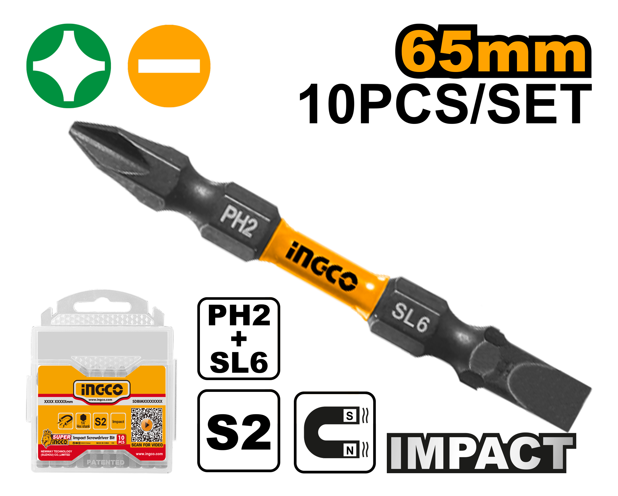 Set 10 biți de impact INGCO SDBIM21HL133, PH2 + SL6, 65 mm