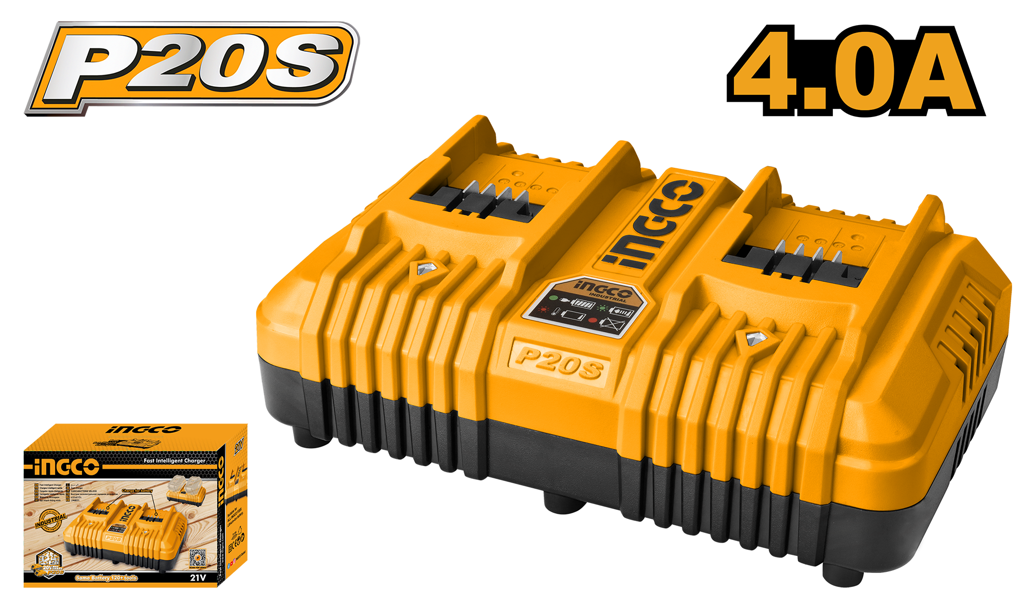 Încărcător dublu INGCO FCLI2034E, P20S, 20 V, 4 A