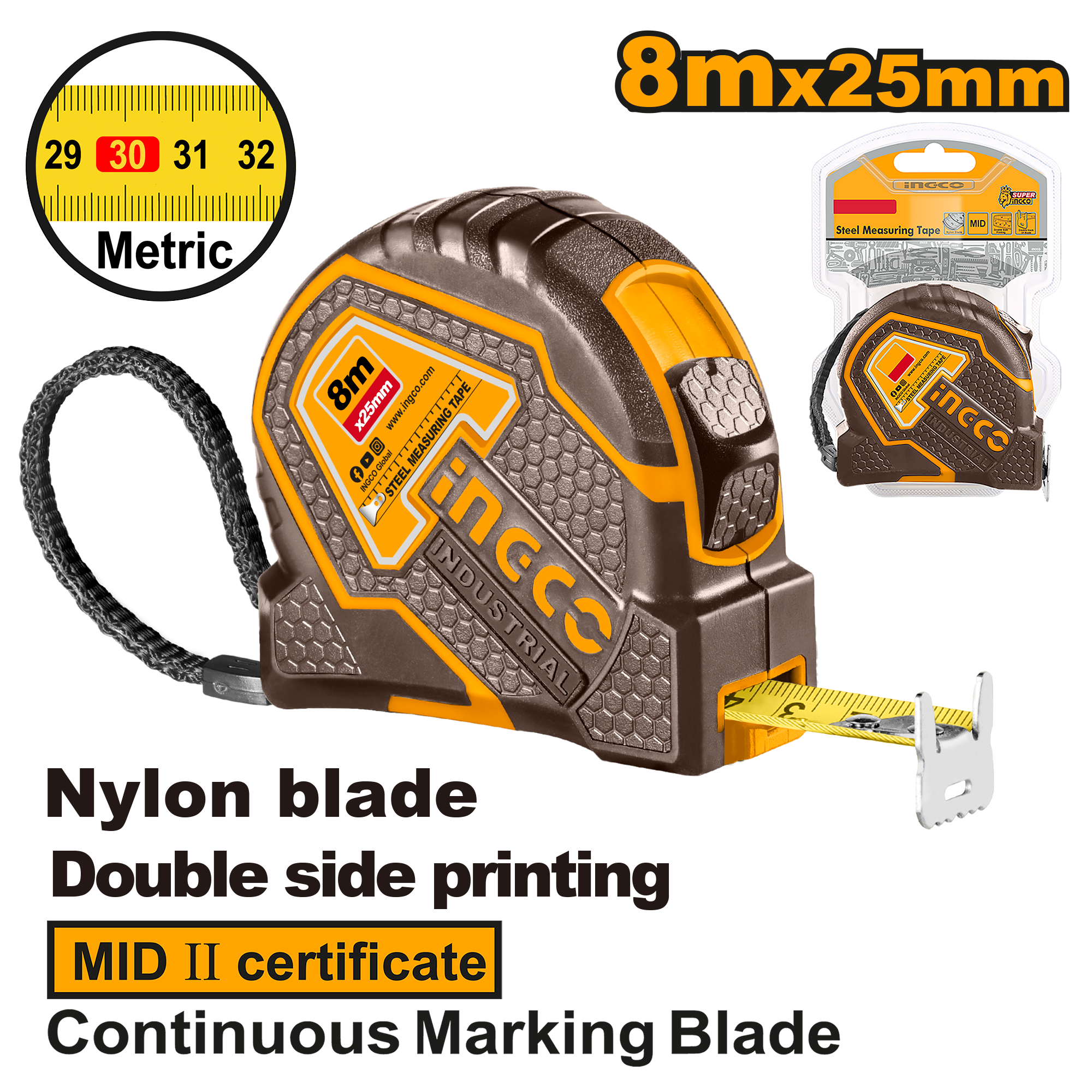 Ruletă INGCO HSMT88081E, 8 m × 25 mm, autoblocare, magnetică