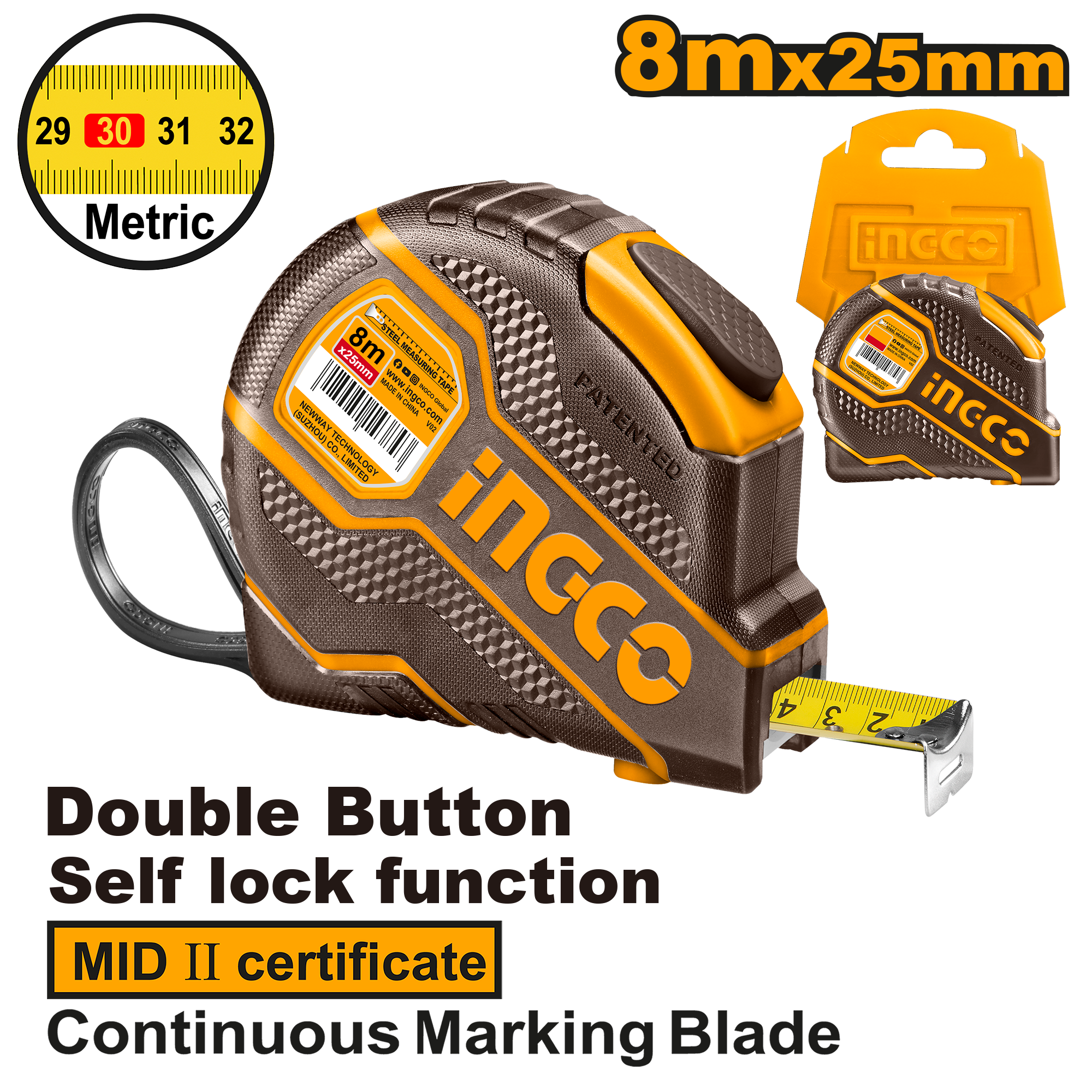 Ruletă INGCO HSMT08081E, 8 m × 25 mm, autoblocare