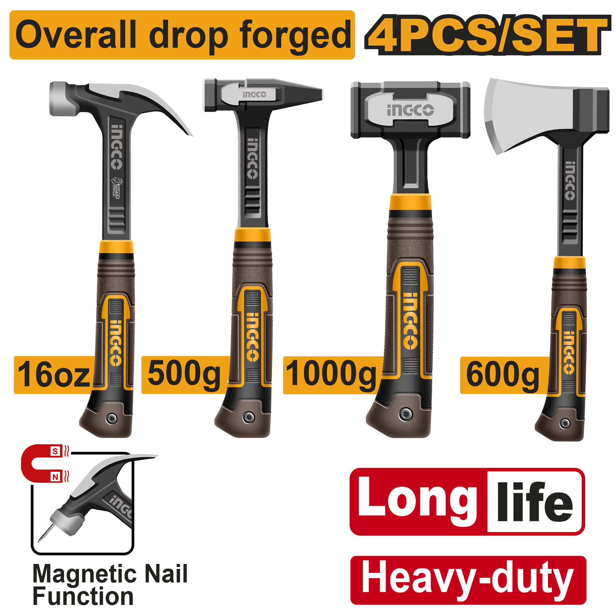 Set 3 ciocane și topor INGCO HCH9004L, 4 piese