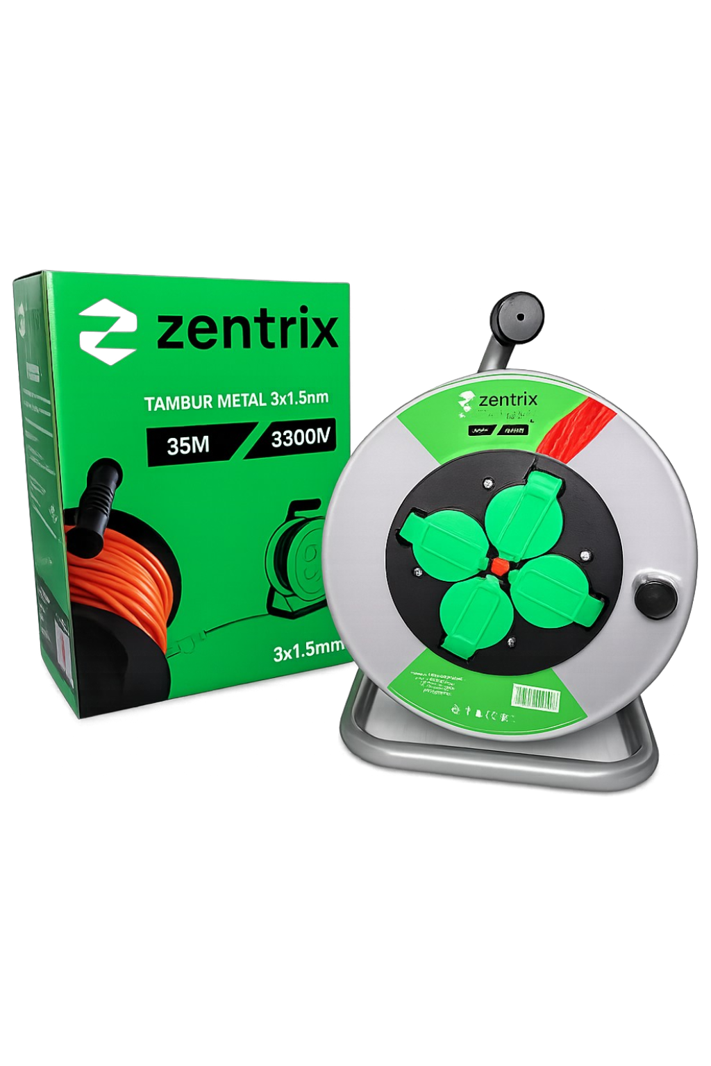 Prelungitor Zentrix ZX1047, tambur metalic, 35 m, 3 × 2,5 mm²