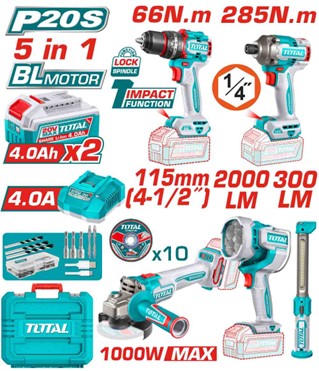 Kit TOTAL 20 V cu scule fără perii, acumulatori și încărcător