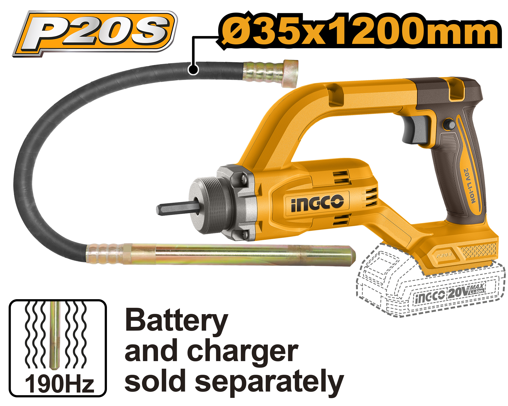 Vibrator pentru beton INGCO CCVLI202502, 20 V, fără acumulator