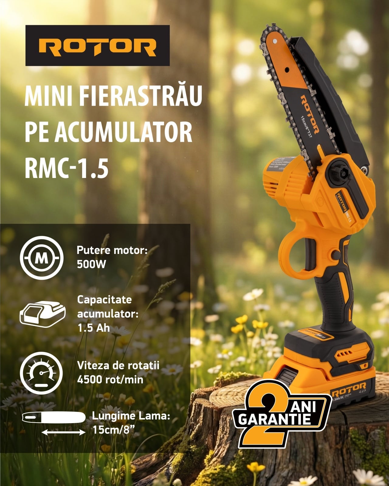 Mini-drujbă ROTOR RMC-1.5, 21 V, 1,5 Ah, două lame și două lanțuri