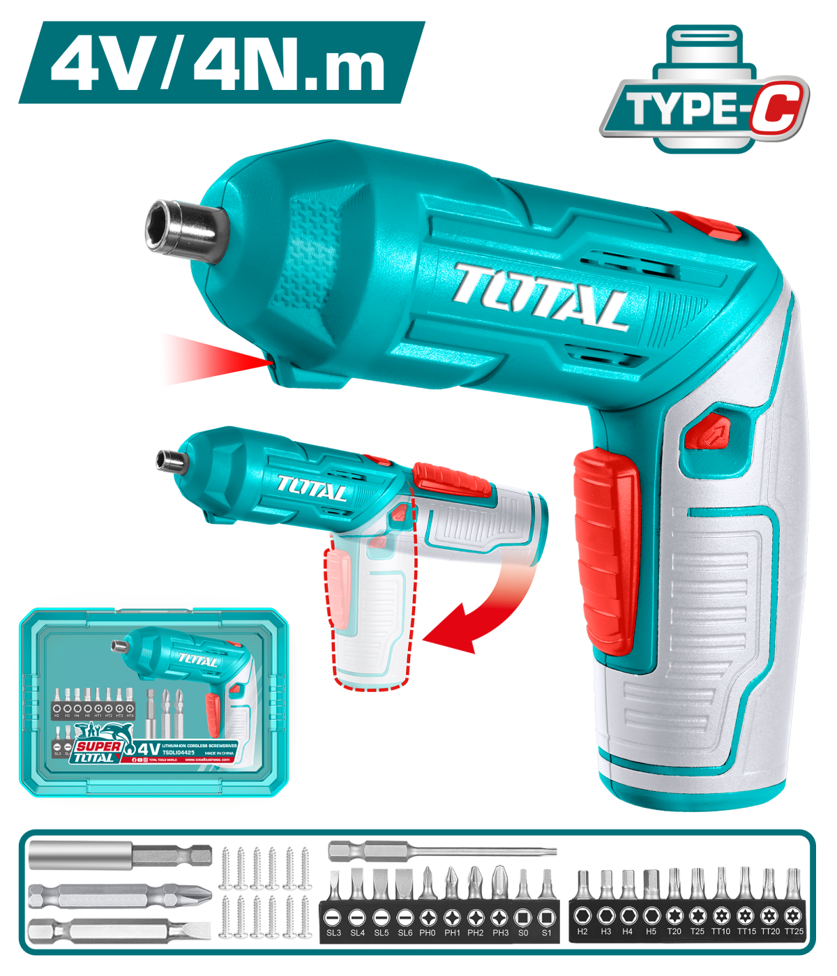 Șurubelniță electrică TOTAL TSDLI04425, 4 V, 4 Nm, USB-C, cu accesorii