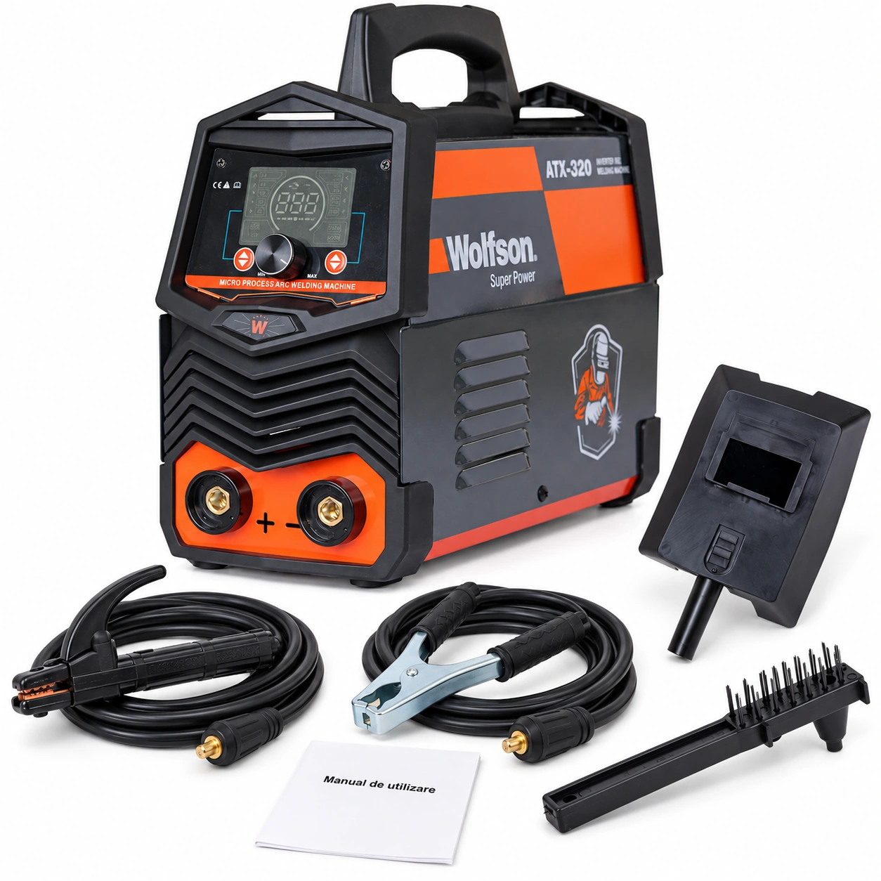 Aparat de sudură Wolfson ATX-320 cu portelectrod, clemă de masă, mască, perie cu ciocănel și manual